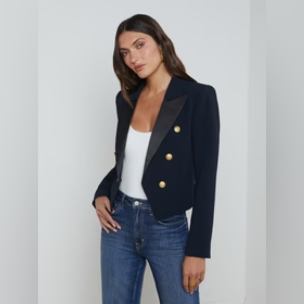 L'AGENCE $650 Navy and Black Cropped Button Detail Lila Blazer Size 0 NWT - Picture 3 of 13